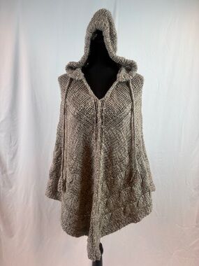 LOFT Taupe Hooded Knit Poncho with Tassels
